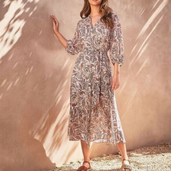 Pink Paisley Long Sleeve Button Down Shirt Midi Dress - Picture 3 of 8